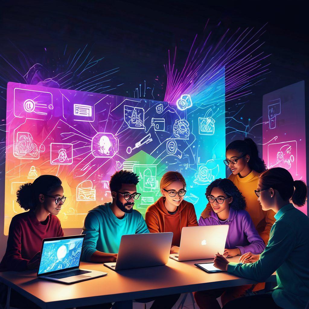 A dynamic scene of a diverse group of individuals brainstorming around a glowing digital screen, filled with vibrant content ideas and illustrations, depicting the process of creating meaningful digital content. Include elements of technology like laptops and tablets, while showcasing an inspiring atmosphere with light beams radiating from the screen, and notes fluttering around. modern illustration, vibrant colors, digital art.