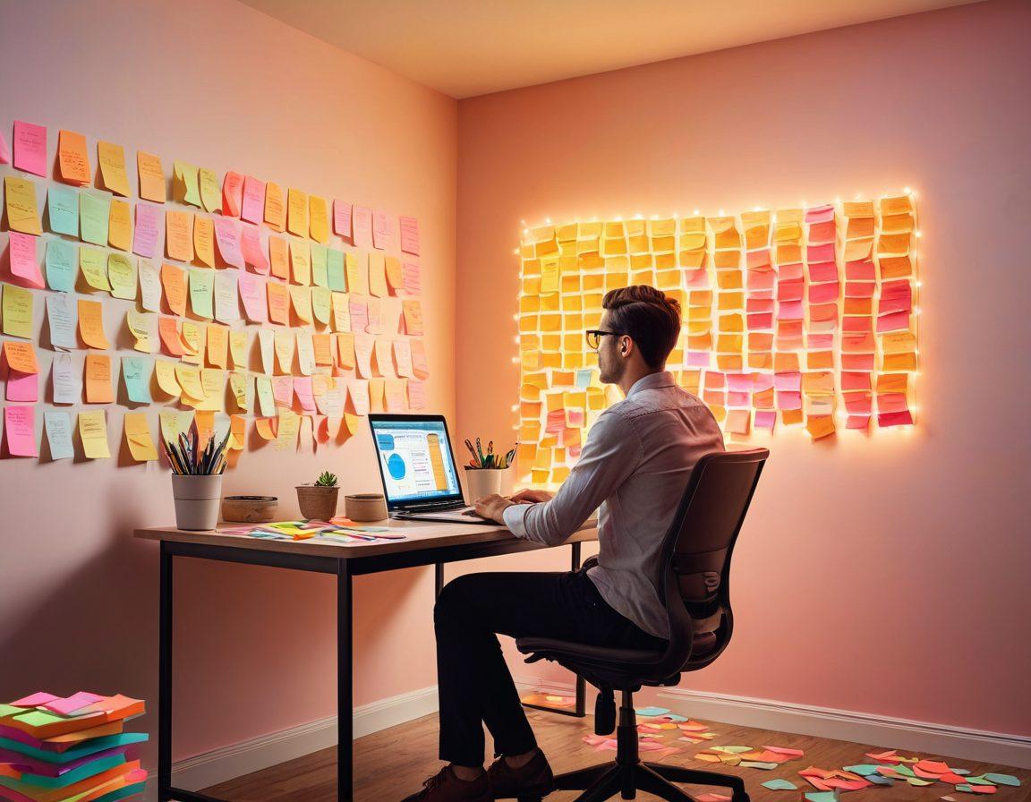 A visually engaging scene depicting a person sitting at a desk, surrounded by colorful sticky notes and an open laptop, where ideas are transforming into action. Include elements like a light bulb above the person's head to symbolize insights, and arrows indicating progress. The background should be minimalistic yet inspiring, with motivational quotes framed on the wall. vibrant colors. modern illustration style.