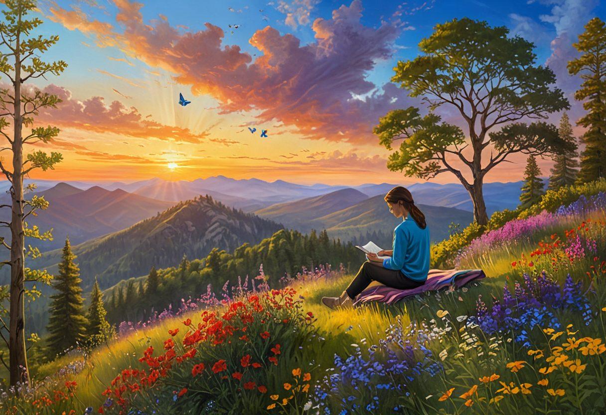 A serene landscape featuring a person sitting on a mountaintop writing in a journal, surrounded by blooming wildflowers and a bright sunrise. Include symbols of growth like budding trees and butterflies in the background to represent personal growth and wellness. The scene should evoke a sense of tranquility and inspiration. vibrant colors. painting.